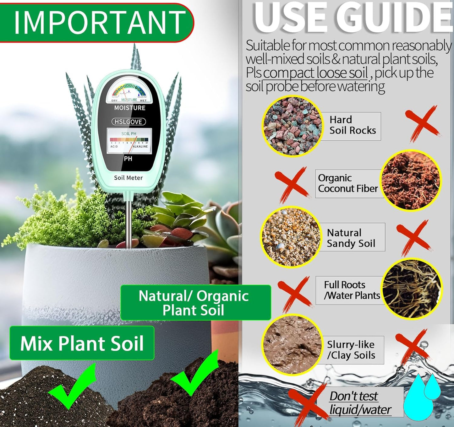 HSLGOVE Soil Test Kit, 2-in-1 Soil Moisture Meter/Soil PH Meter, Dual Screen Soil Tester, Soil Moisture Meter for Plants Watering/Gardening for Lawn,Farm Indoor&Outdoor Use-Greennew
