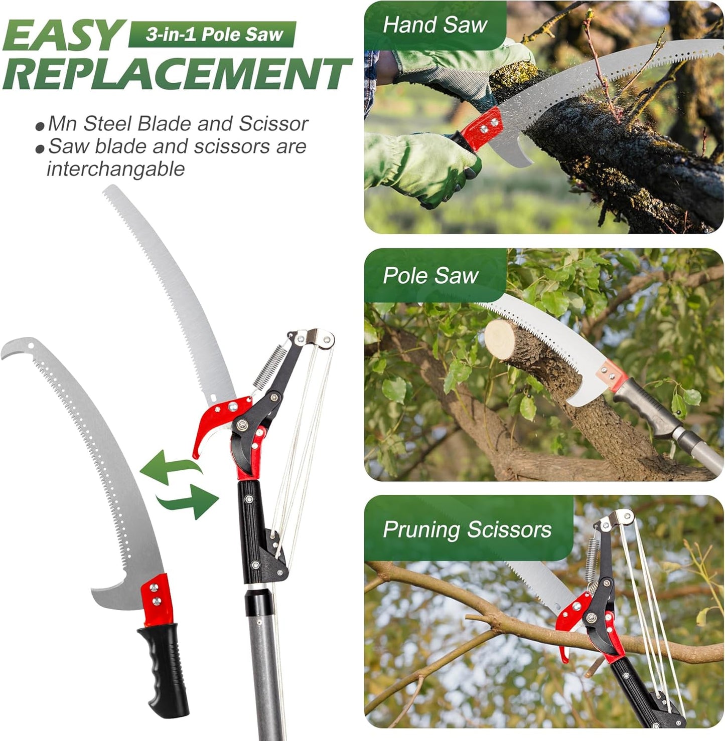 Walensee Pole Saws for Tree Trimming,7.2-27FT Extendable Tree Pruner,Manual Branch Timmer with Blade and Scissors High Branches Pruning Fiberglass Pole Pruner and Cutter Garden Tool with Storage Bag