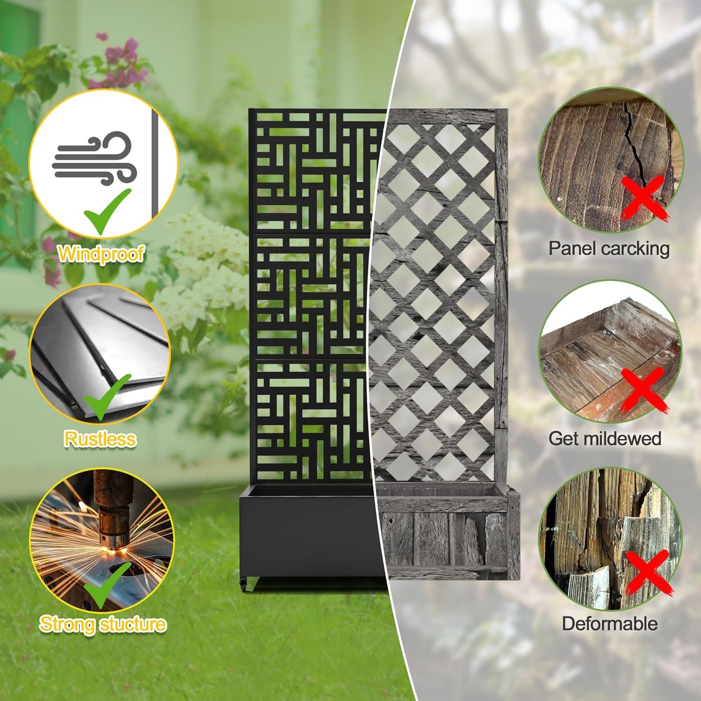 FENCY Metal Raised Garden Bed with Wheels and Trellis,73"x35"x16" Planter Box for Climbing Plants, Vegetables & Vines, Features Privacy Screen and Drainage Holes (Black-Geometric Lattice)