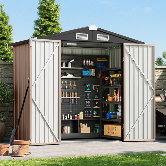 6x4 FT Outdoor Storage Shed, Metal Garden Tool Shed with Sloping Roof & Lockable Door for Patio Lawn Backyard (Brown)