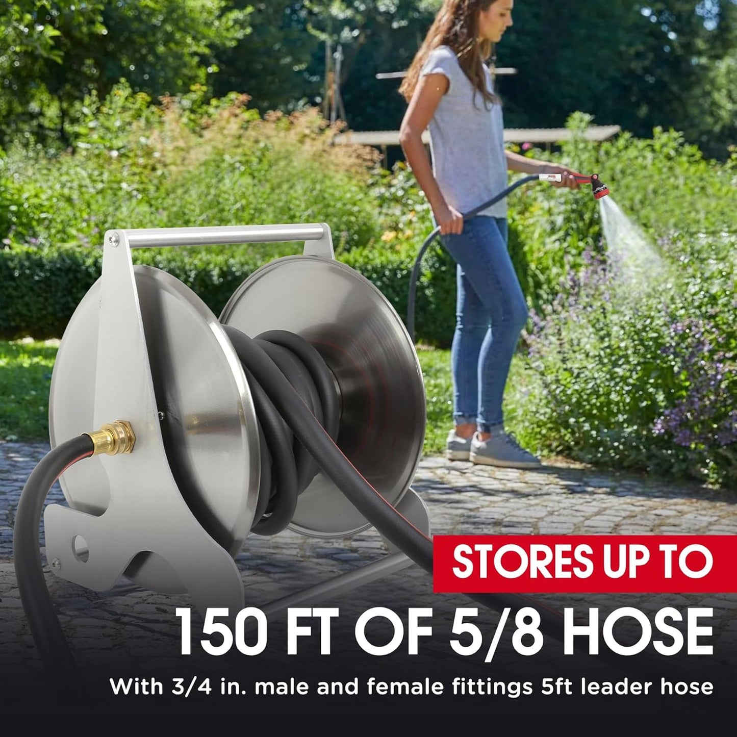 Stainless Steel Garden Hose Reel, Wall Mount or Floor Mounted with 3/4 Inch Brass Fittings Lead hose, 135 Ft Capacity with Crank Handle & portable hose reels for outside