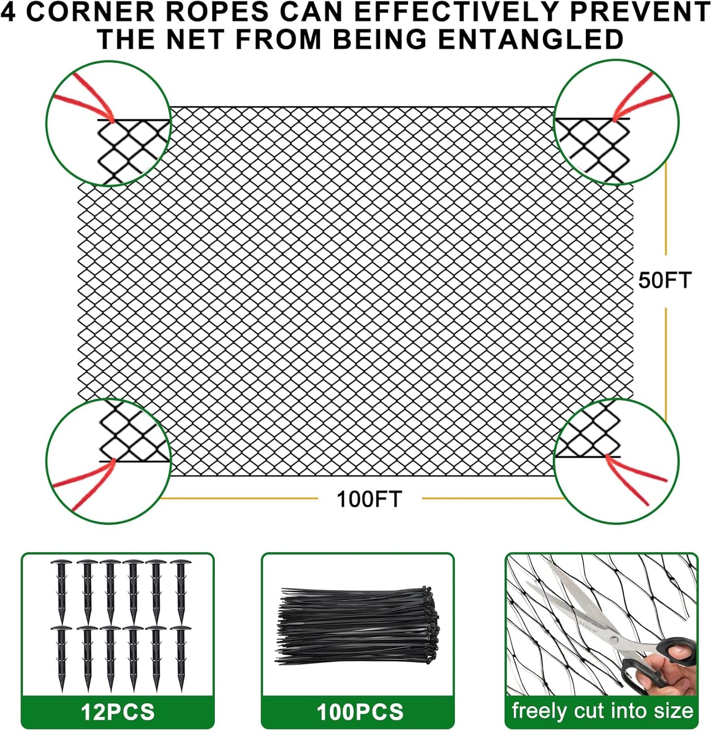 Bird Netting 50'x100' with 3/4" Mesh Hawk Net for Chicken Run,Poultry Netting Heavy Duty Nylon Aviary Net for Chicken Coop Roof Garden Nettings for Fruit Trees Plant
