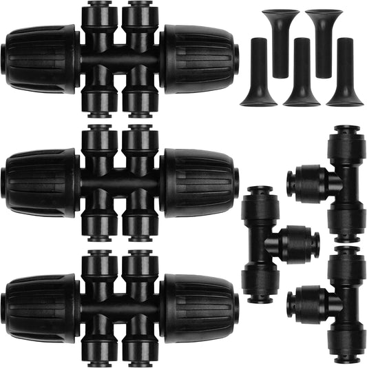 Carpathen Drip Irrigation Fittings Pack - Push-to-Connect Irrigation System Compatible - 3 x 4Way Coupler 1/2" to 1/4", 3 x 3 Way Tee T Shape Barbed 1/4 Drip Tubing Splitter, 5 x 1/4 End Plugs