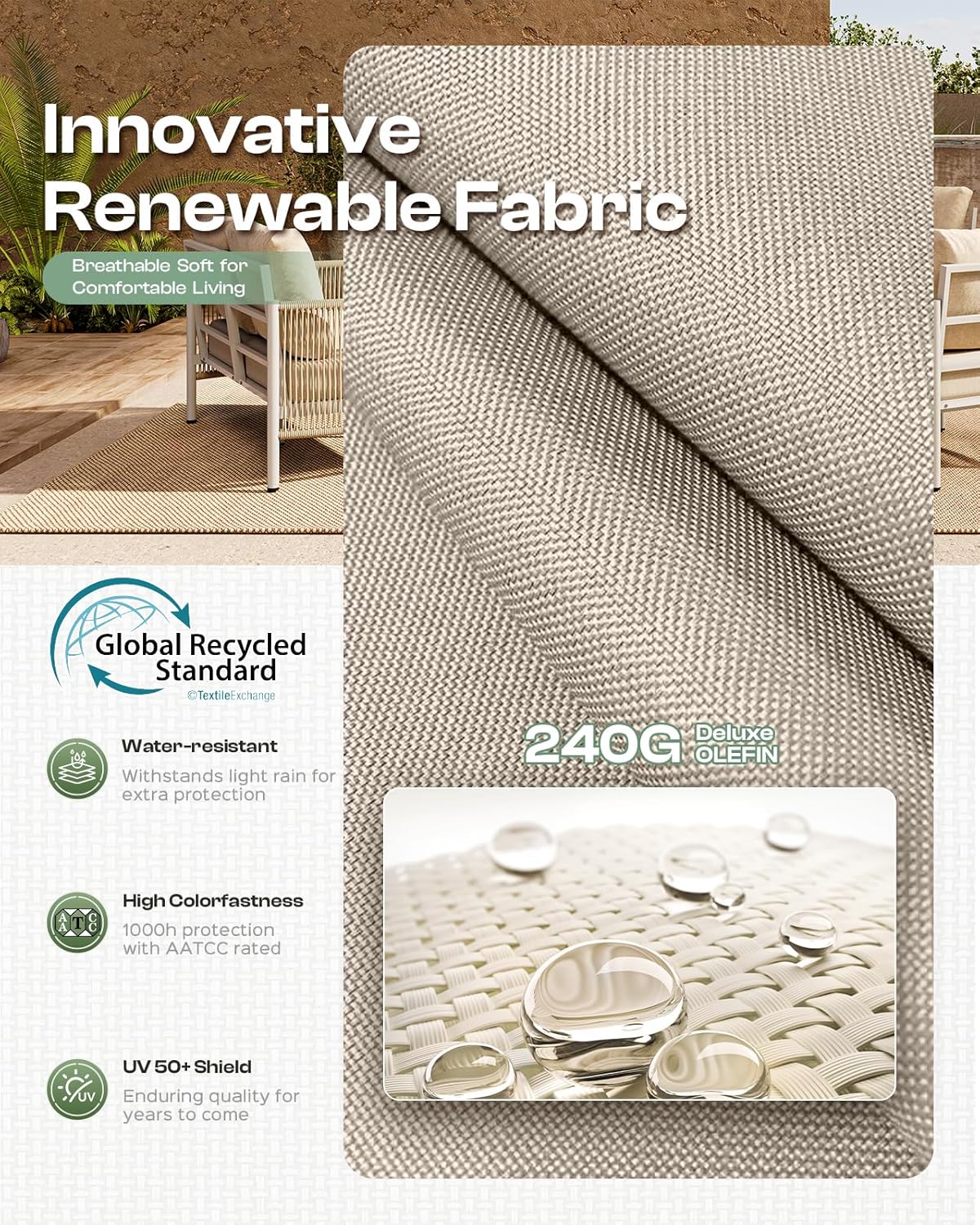 Aluminum Outdoor Patio Couch Loveseat, HDPE Rope Patio Sofa with Washable Thick Cushion, All-Weather Patio Furniture for Balcony, Yard, White Frame, Ivory