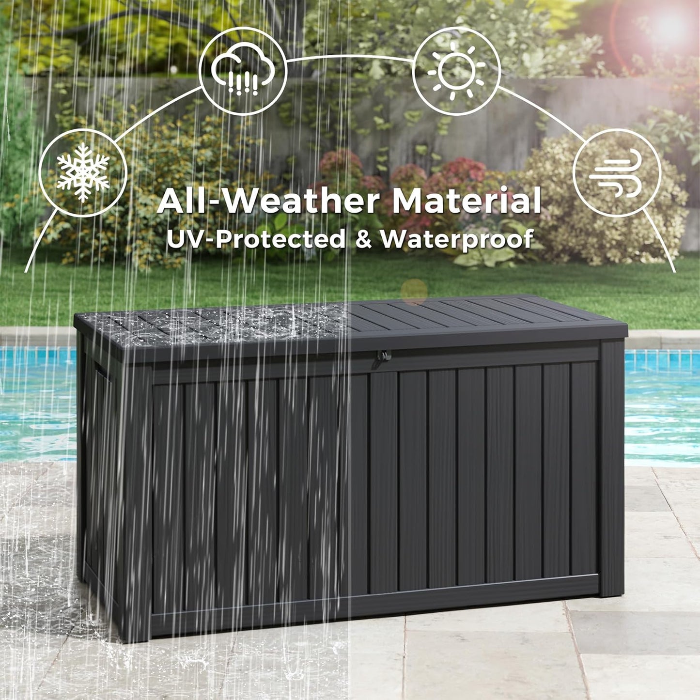 KAMABOKO Outdoor Storage Box, 150 Gallon Large Outdoor Resin Deck Box, Storage Waterproof Boxes Lockable Lid for Garden Tools, Pool Supplies, Patio Furniture and Cushions, Black