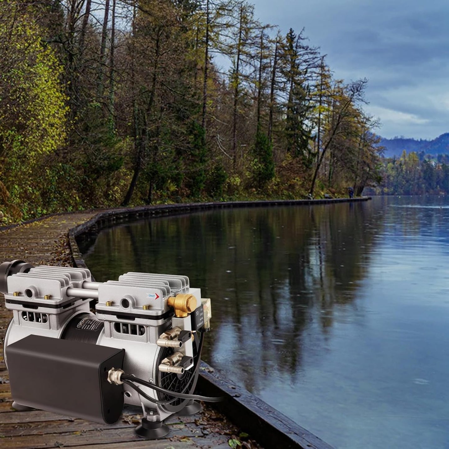 Pond Aeration System, Pond Aerator 3/4HP Oil-Free Rocking Piston Air Compressor 2 Diffusers Two 100ft Weighted Hoses for 3 Acres Deep Water Outdoor Large Lake & Pond Pumps 5.6 CFM Air