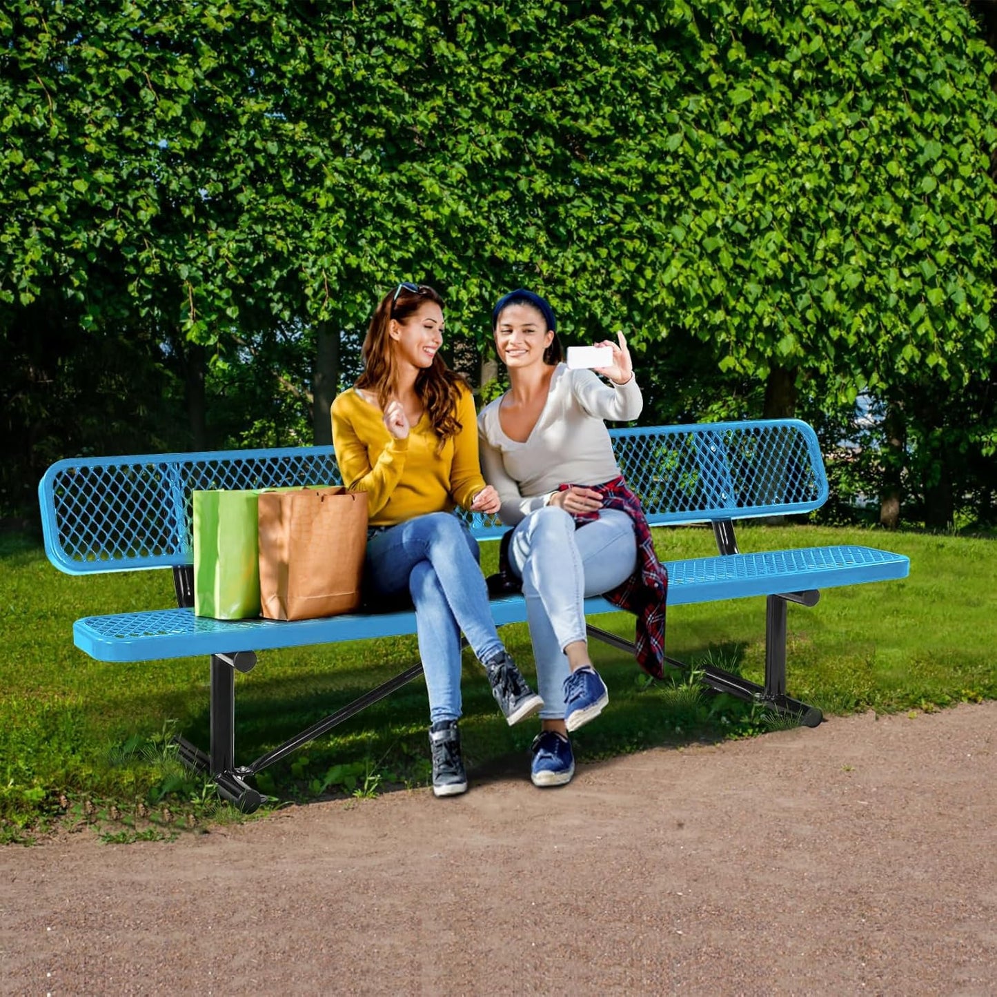8Ft Outdoor Bench with Blue Portable Frame, Outdoor Steel Park Bench with Backrest, Expanded Metal Mesh Bench for Outside, Lawn, Backyard, Park, Deck, Garden, Patio, Porch, Blue