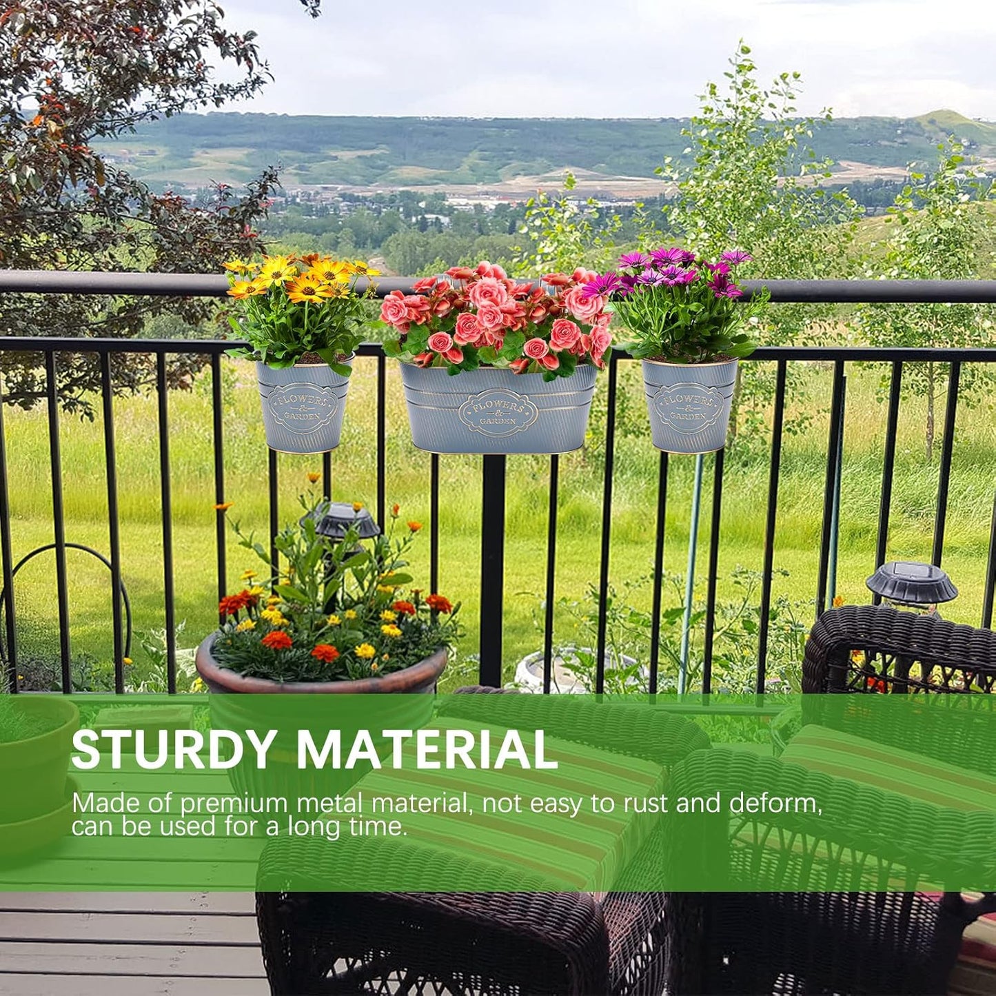 PerGar Vintage Metal Iron Wall Hanging Flower Pots, Rustic Planter Bucket Herb Flower Plant Holder with Detachable Hooks & Drainage Hole for Railing Fence Balcony Deck Garden Home Decoration, Set of 3