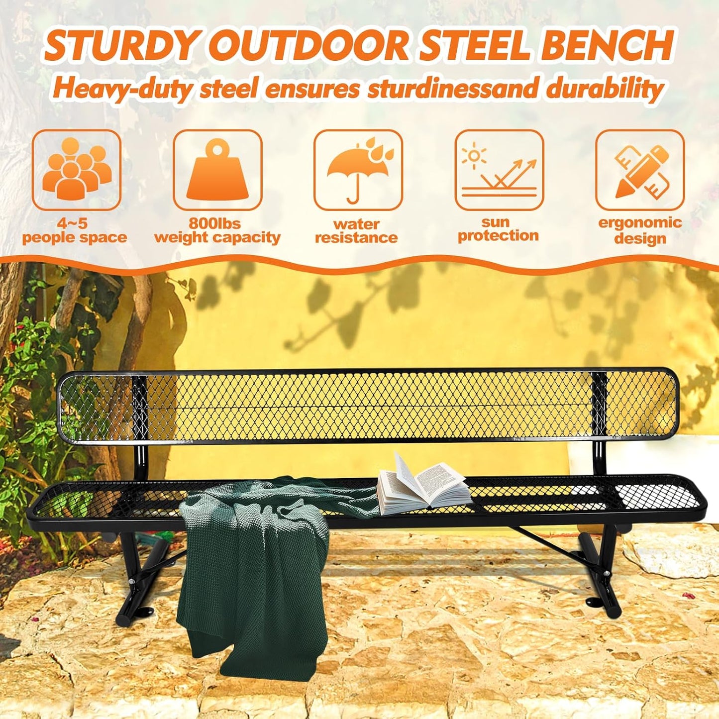 6Ft Outdoor Bench with Back Portable Frame, Outdoor Steel Park Bench with Backrest, Expanded Metal Mesh Bench for Outside, Lawn, Backyard, Park, Deck, Garden, Patio, Porch, Black