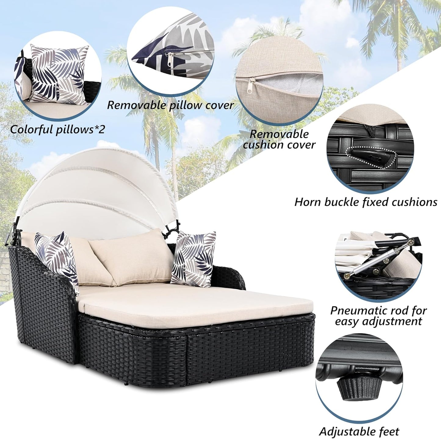kevinplus Outdoor Patio Sunbed Daybed Double Lounge with Adjustable Canopy for Garden Backyard Pool, PE Rattan Wicker Material & Moveable Cushion Cover, Beige