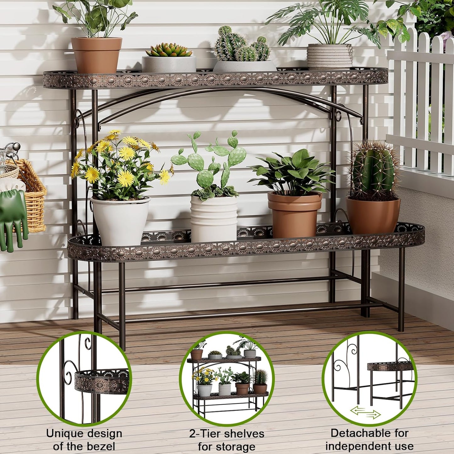 Plant Stand Outdoor Indoor 2 Tier Metal Pland Stand, Detachable Heavy Duty Tall Plant Shelf Rack Flower Pot Holder for Patio Garden Balcony Living Room, Distressed Vintage Black
