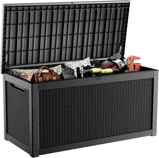 320 Gallon Deck Box Waterproof, UV Resistant Resin Outdoor Storage Box with Hydraulic Rod, Lockable Design and Enhanced Durability for Patio, Garden, and Poolside Use
