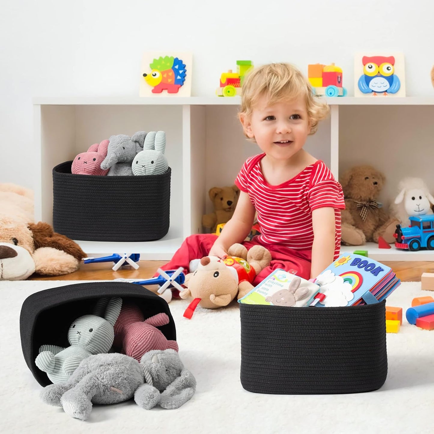 Cotton Rope storage Basket Bins 14.5X9.5X9.3“ Woven Basket for Organizing Shelves Rectangle Decorative Baskets For storage Clothes Toys Books Towels Square Wicker Nursery basket organizer 3 pack black