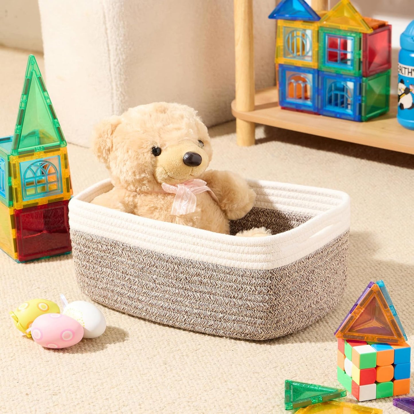 Small Storage Baskets for Organizing | Closet Organizer Bins | Shelf Toy Basket | Woven Rope Baskets | Cube Decorative Box | Shallow Basket | 13x8.5x5.1” | 4 Packs White Brown