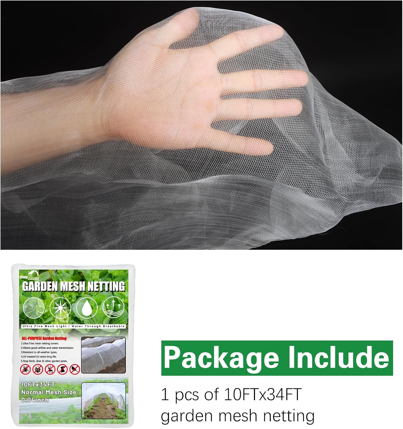 SnugNiture 3 Pack Garden Netting 10x34FT Ultra Fine Mesh Mosquito Netting Plant Covers, White Bird Netting Barrier Greenhouse Row Cover Protect Fruits Flower Vegetables from Birds Deer & Squirrels