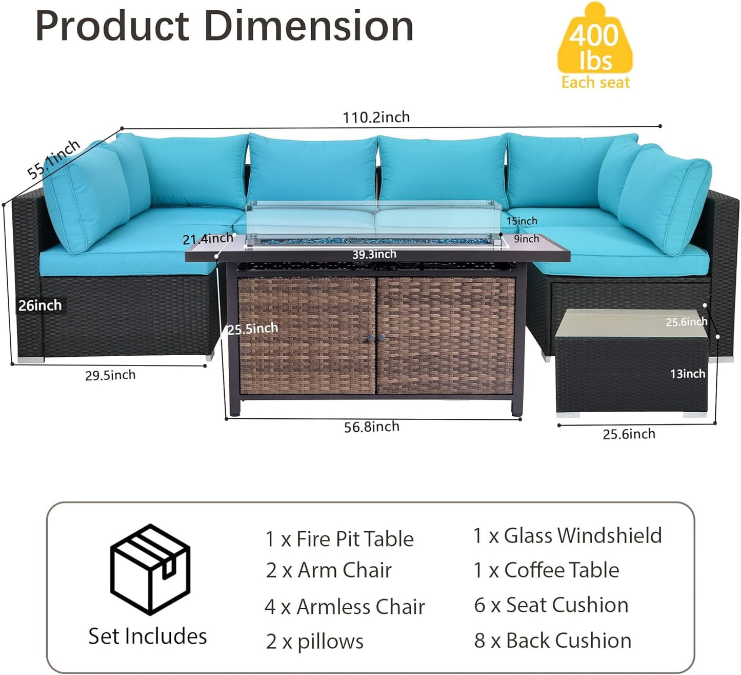 25-Pc Patio Furniture Set - 7 Piece Outdoor Rattan Sofa Set with 57" Fire Table and 17 Accessories, Modular Sofa Set for Garden/Poolside, Blue/Black
