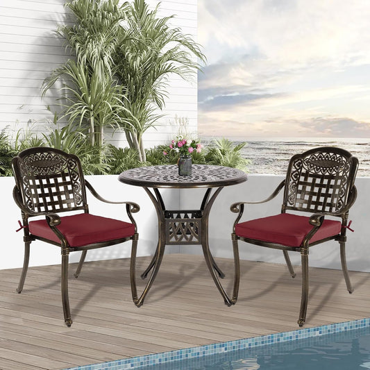 3-Piece Outdoor Patio Dining Set, All-Weather Cast Aluminum Patio Furniture Set for Backyard Garden Deck with 2 Cushioned Chairs and 31” Round Table, 2" Umbrella Hole, Chili Red