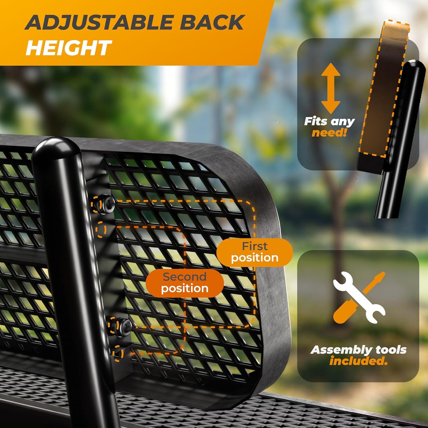 Heavy-Duty Outdoor Metal Bench, Thermoplastic-Coated, Inground, Weatherproof, Commercial-Grade for Parks, Gardens, Patios, Stores & More (4 Ft - Inground with Back, Black)