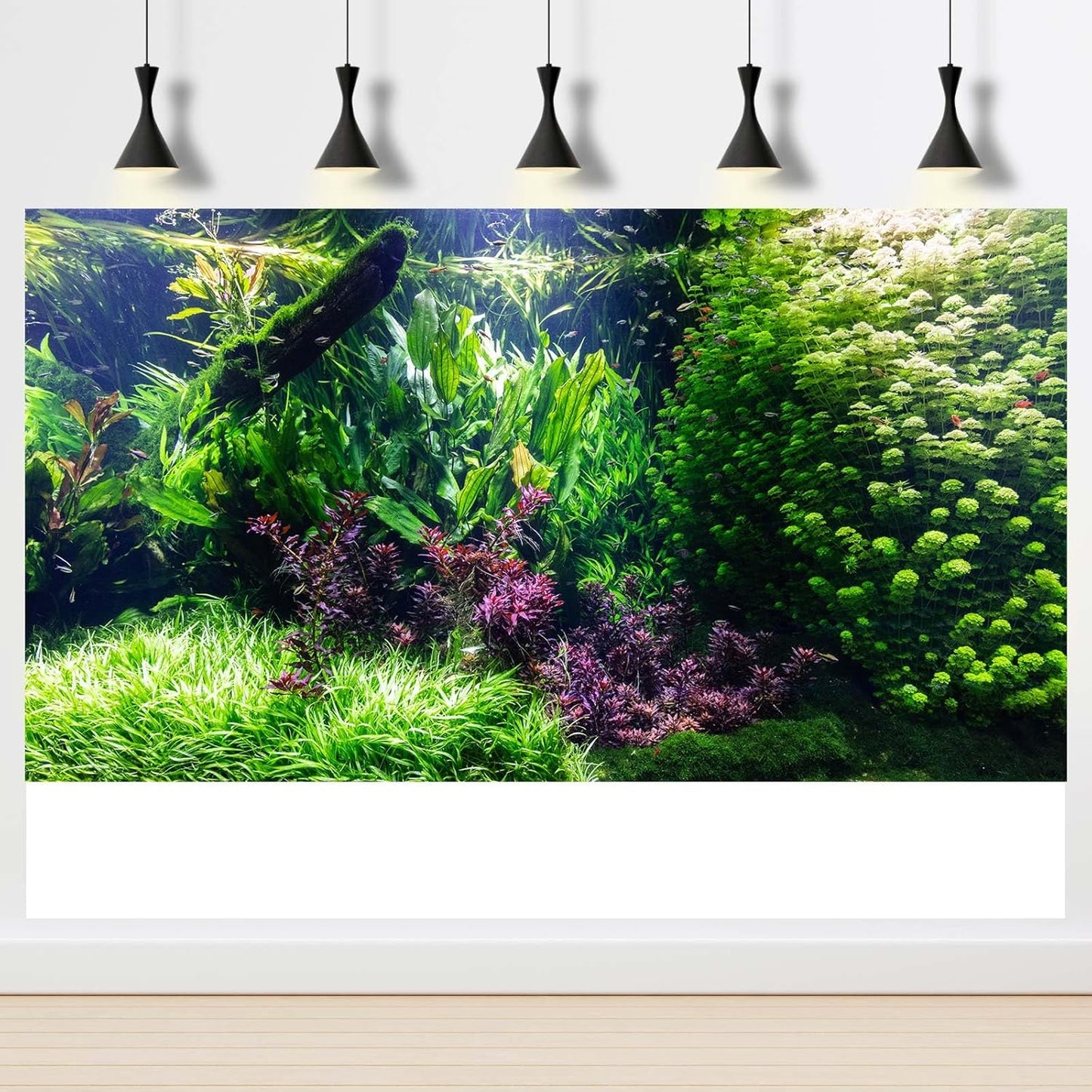 Aquarium Background Various Underwater Grass Plants Fish Tank Background Vivid Green Aquatic Plants Terrarium Background Stone River Bed and Dead Wood Under Water Tank Background 48x24in