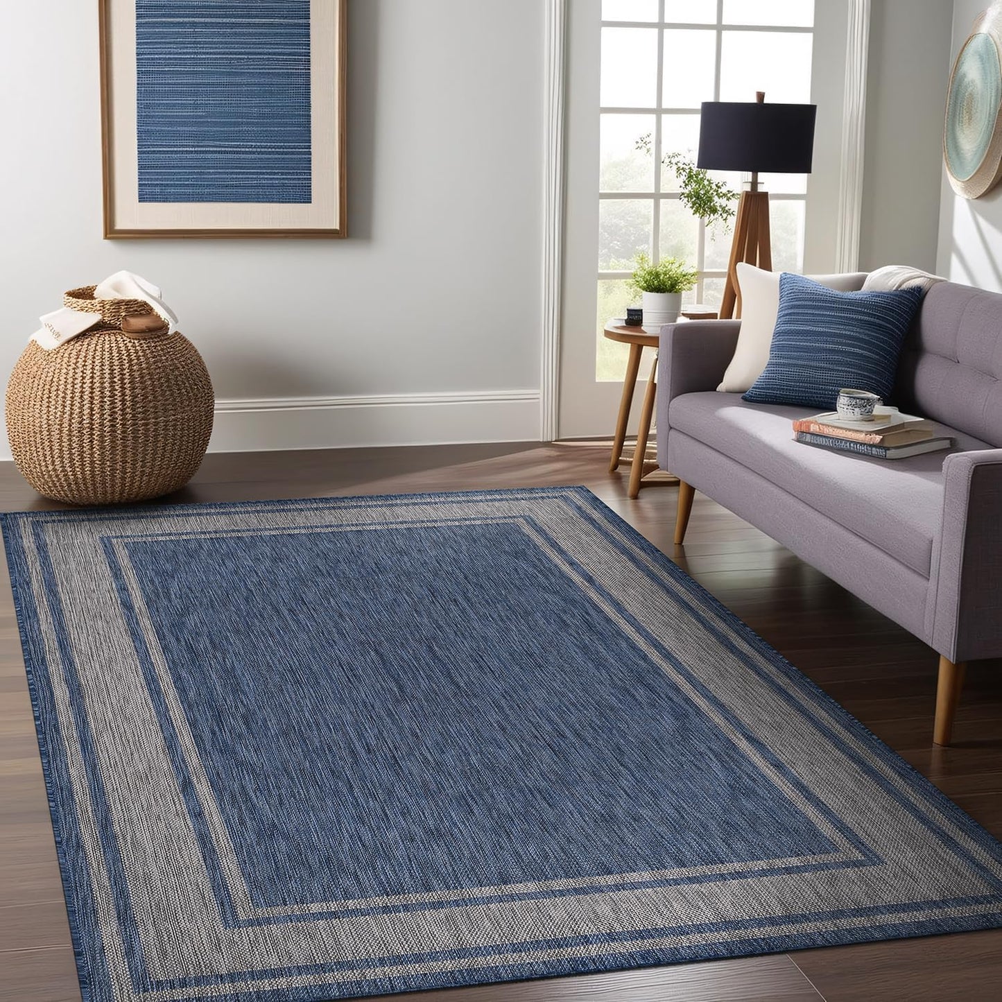 Beverly Rug Outdoor Rug 8x10 Modern Bordered Area Rugs for Indoor and Outdoor Patio Deck Porch Garden Waterproof Weather Sun Resistant Washable Outside Carpet (8 x 10 Navy)