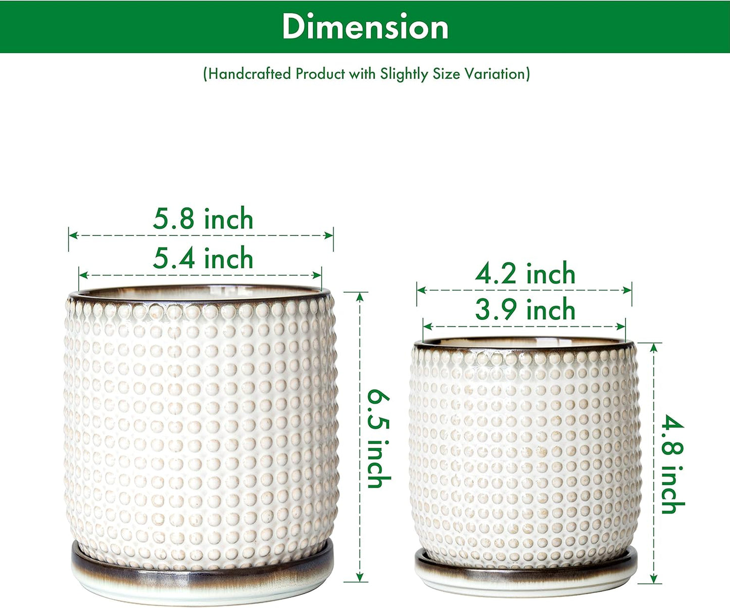 D'vine Dev 6 Inch 4 Inch Ceramic Indoor Planter Pots with Drainage Hole and Saucer, Beaded Design Flower Pots, Set of 2, Smoked White, 27-D-U-1