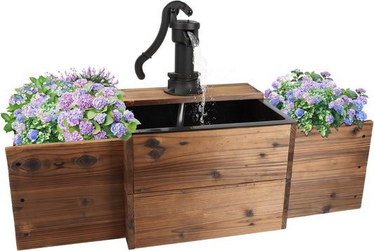 Outdoor Floor Wooden Rectangular Pump Water Fountain,Old-Fashioned Fountain with Flower Box,Electric Decorative Hand Pump, Outdoor Water Feature for Garden Patio Backyard