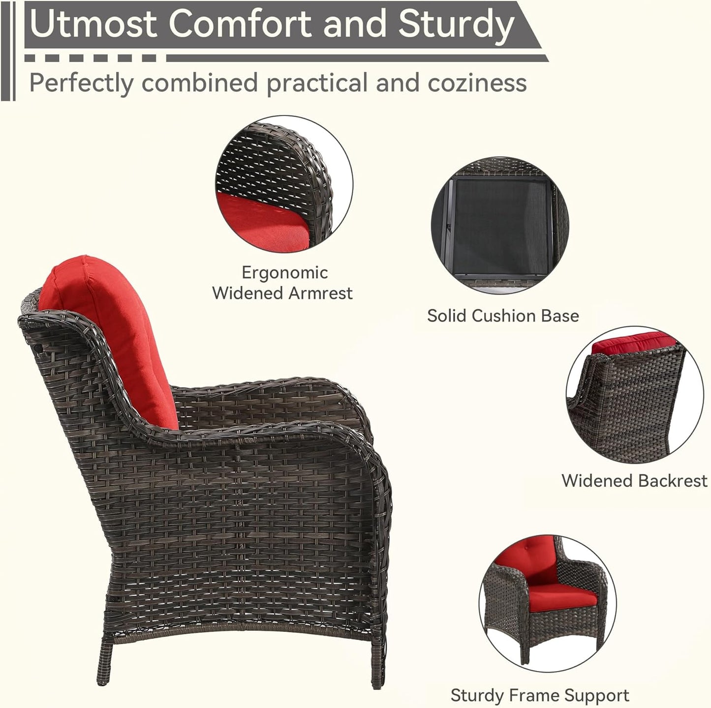 3 Pieces Outdoor Patio Chairs Set - Wicker Patio Conversation Sets with 1 Side Table, Olefin Fabric Cushions Suitable for Backyard Deck and Porch,Red