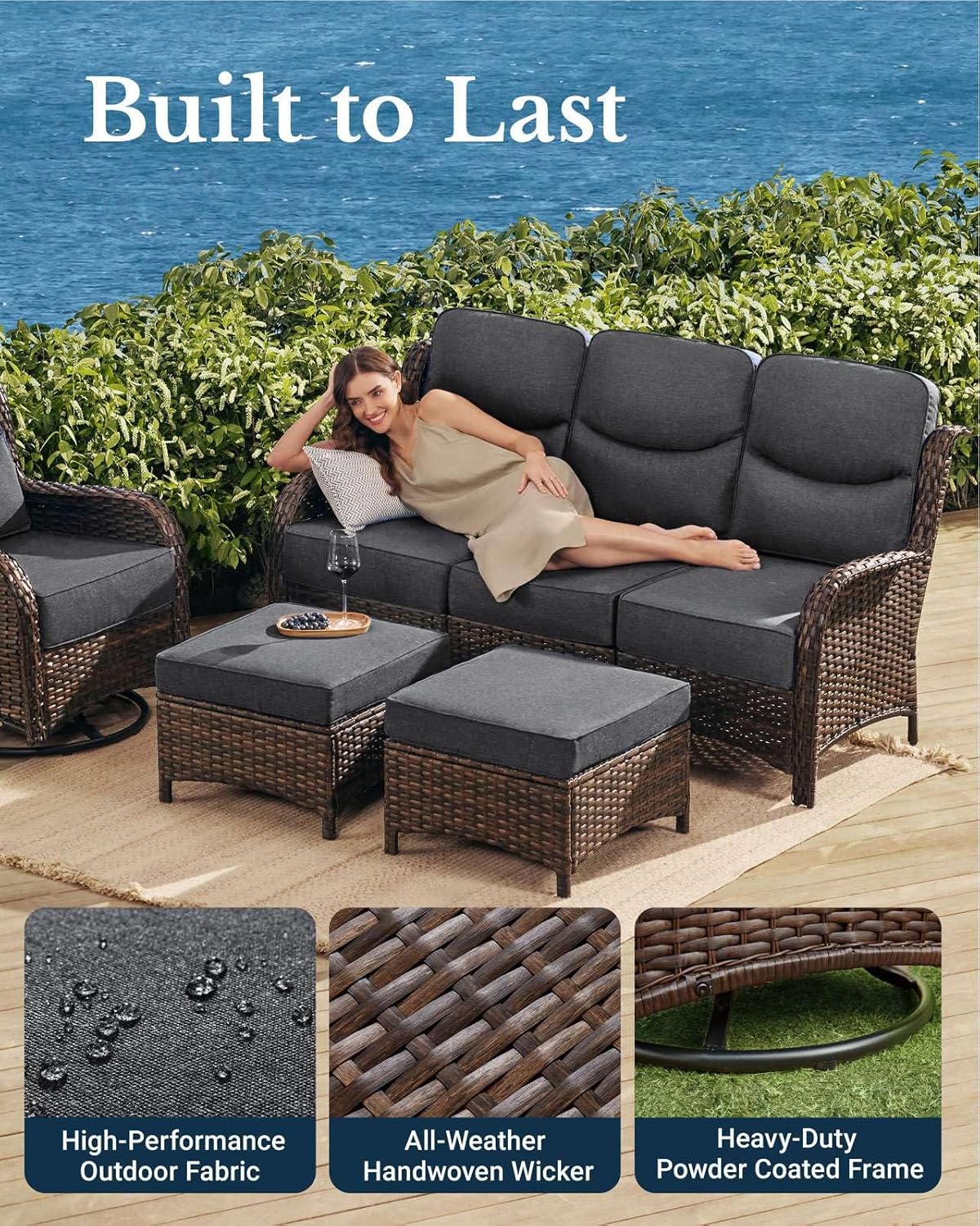 HILLGA Luxury Patio Furniture Set with 6-inch Thick Cushion, Outdoor Couch, Loveseat and High Back Swivel Rocker Patio Chairs, 7PCS Wicker Conversation Set for Deck Yard and Poolside, Dark Grey (V2)