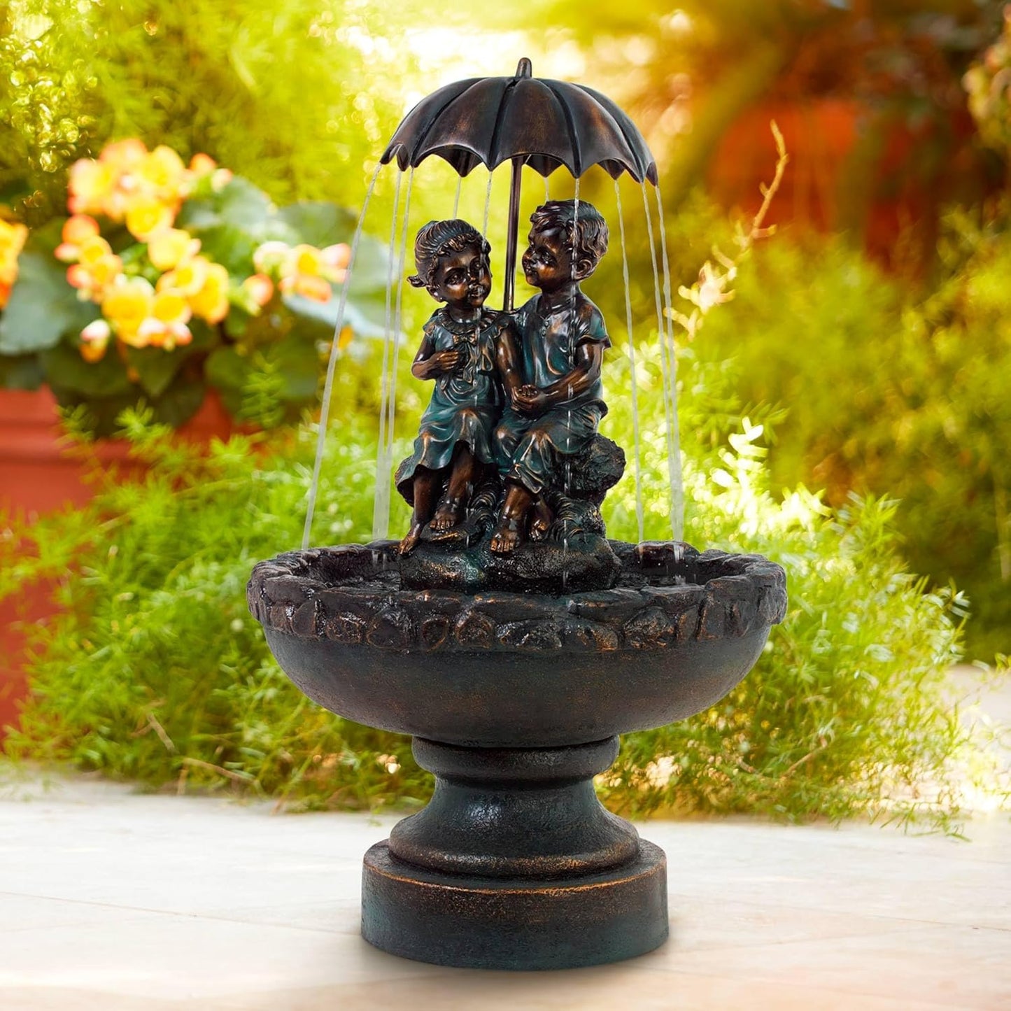Boy and Girl Under Umbrella 40" High Large Rustic Indoor Outdoor Decor Bronze Floor Fountain Standing Waterfall Basin Water Feature for Outside Garden Patio Yard Backyard Porch Deck - John Timberland
