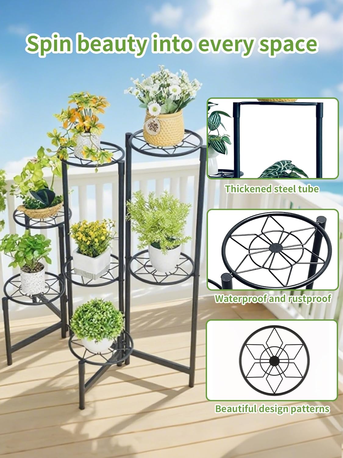 7 Tier Plant Stand Indoor Foldable Corner Tall Plant Shelf for Multiple Plants Flower Pot Holder Display Stand for Living Room Balcony Garden Patio Black