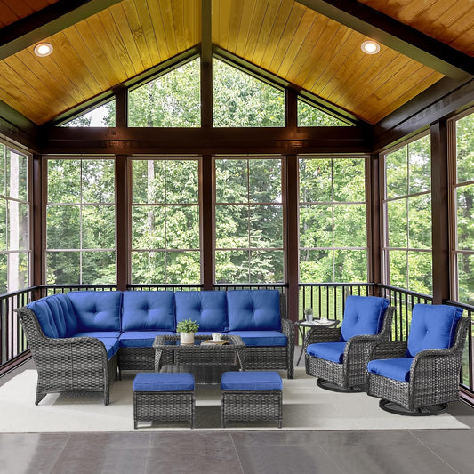 Outdoor Furniture Sectional Sofa L Shaped Couch - Patio Wicker Set with 2 Swivel Glider Chairs, 8 Piece Rattan Patio Conversation Sets with Blue Cushion for Deck Backyard Sunroom
