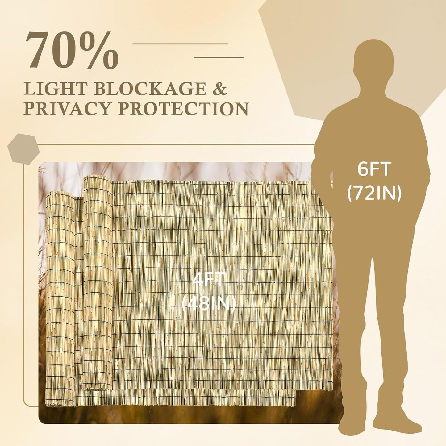 Natural 2 Pack 4FT X 16.4FT Reed Fencing Roll, Balcony Privacy Shade Reed Bamboo Fencing Garden Fence Border, Wind Block Sunshade Fence Screen for Outdoor Yard Patio Flower Bed Edge