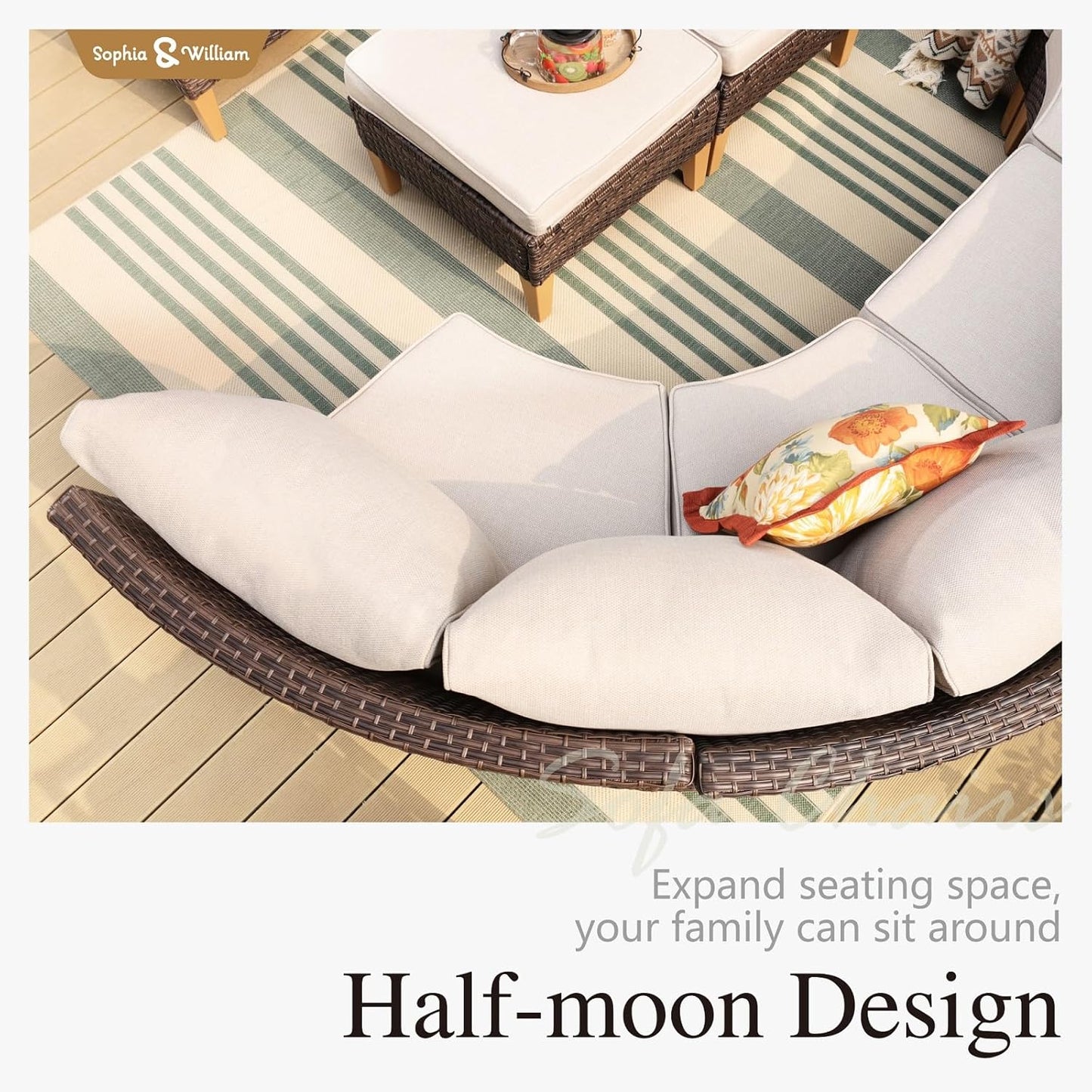 Sophia & William Half Moon Patio Furniture Set 7 Piece Outdoor Sectional Sofa Set, Wicker Patio Conversation Set with 2 Curved Sofa, 1 Armless Chairs, 2 Ottoman for Pool, Deck, Lawn (Beige)