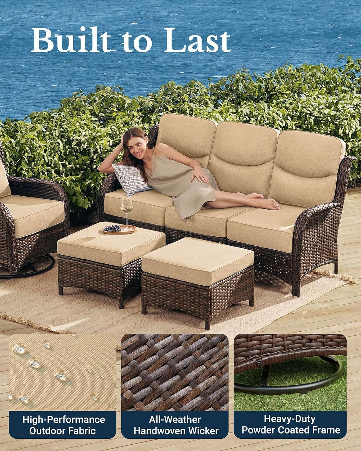HILLGA Luxury Patio Furniture Set with 6-Inch Thick Cushions, High Back Outdoor Swivel Rocker Chairs Patio Loveseat and Couch, 6-Piece All Weather Conversation Set for Porch Deck Pool Yard, Beige (V3)
