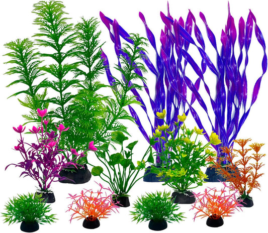 11 Pieces Colorful Artificial Fish Tank Decorations, Aquarium Decorations Fish Tank Purple Artificial Plastic Plants, Small to Large (4-8Inch)