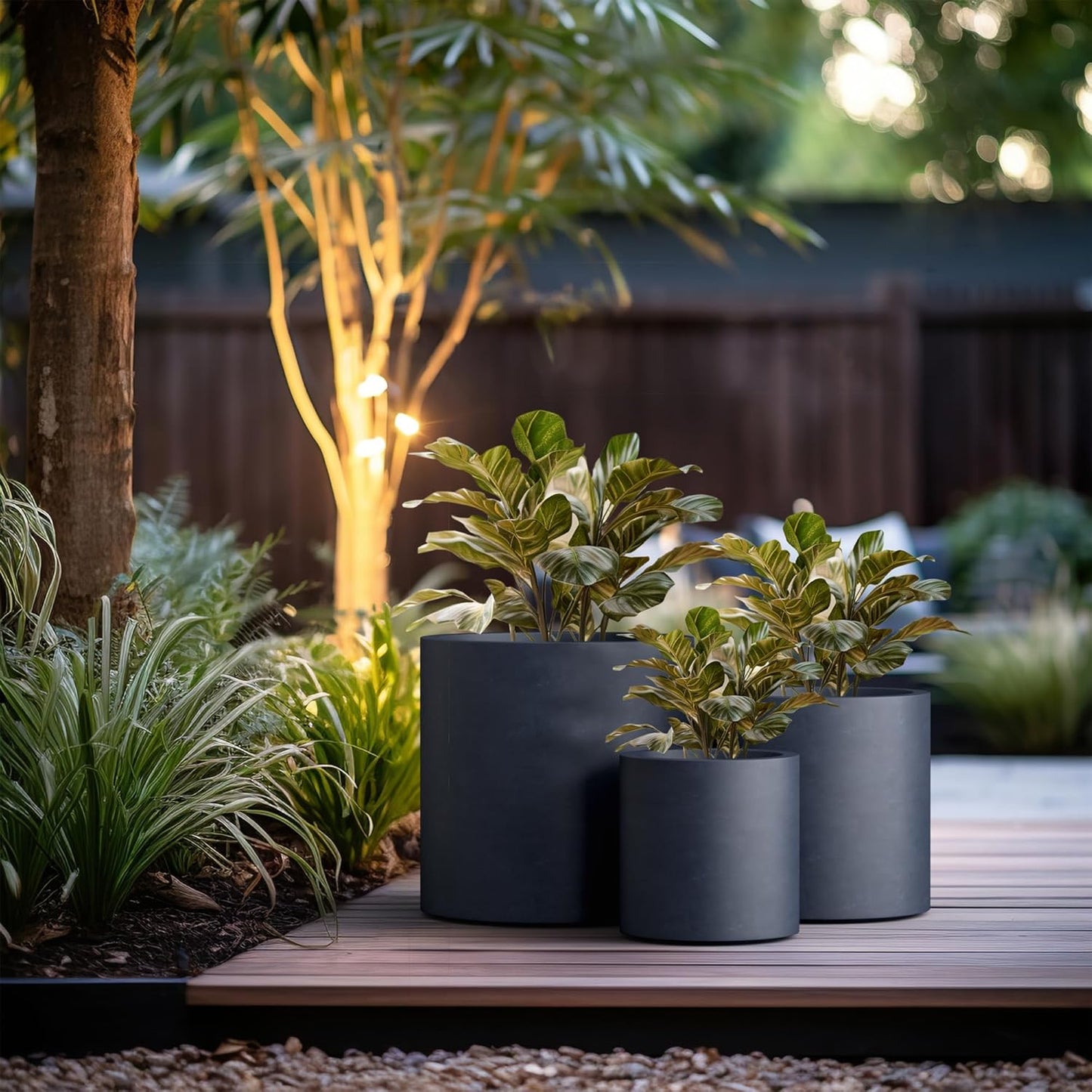 Kante 9.8",12.6",15.7" Dia Round Concrete Planter Set of 3, Modern Style Large Cylindrical Plant Pot with Drainage Hole and Rubber Plug for Indoor Outdoor Patio, Dark Gray