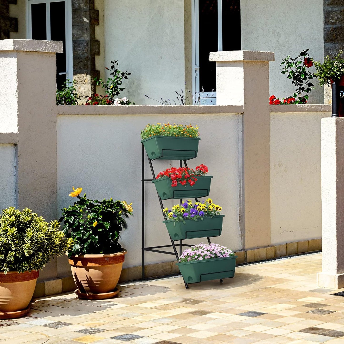 OYEAL Raised Garden Bed 4 Tier Vertical Garden Planters Indoor Outdoor Raised Planter Box with Legs Elevated Herb Garden Planter for Flowers Vegetables Plants, Green