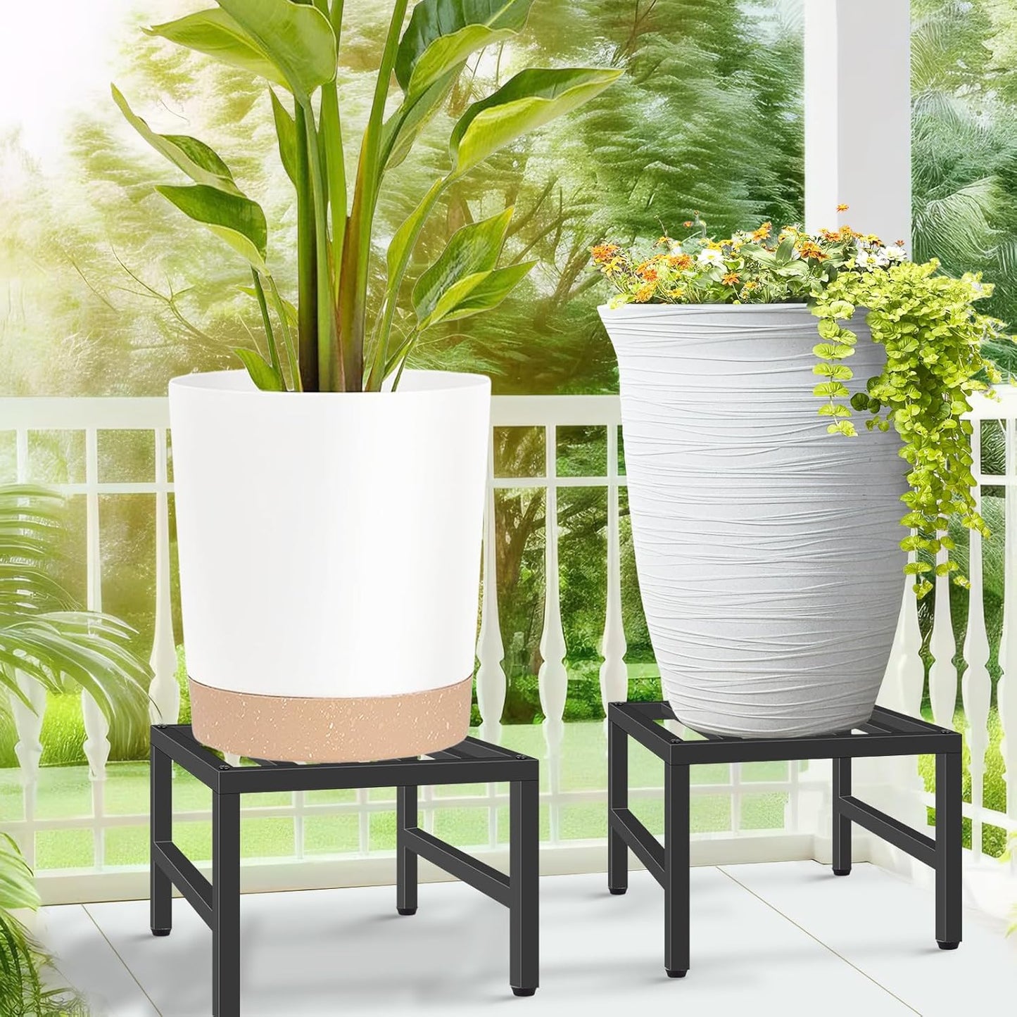 Plant Stand Indoor Outdoor, Heavy Duty Wrought Iron Pedestal Stands Metal Plant Stand for Indoor Outdoor, Sturdy Low Flower Stand Display Planter Shelf, 2pcs, Black