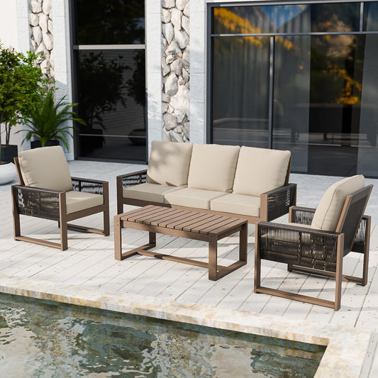 EAGLE PEAK Natural Wood Outdoor Patio Furniture, Cedar Furniture, Conversation Set, Outdoor Seating for Deck Patio Porch, Sofa 2 Chairs & Coffee Table, 4 Pieces, Brown/Beige