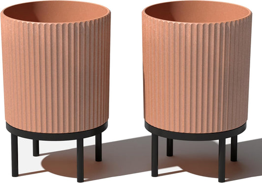 Veradek Demi Series Round Planter w/Stand for Porch/Patio | Durable Plastic-Stone Composite & Wooden Stand | Modern Décor for Tall Plants, Flowers