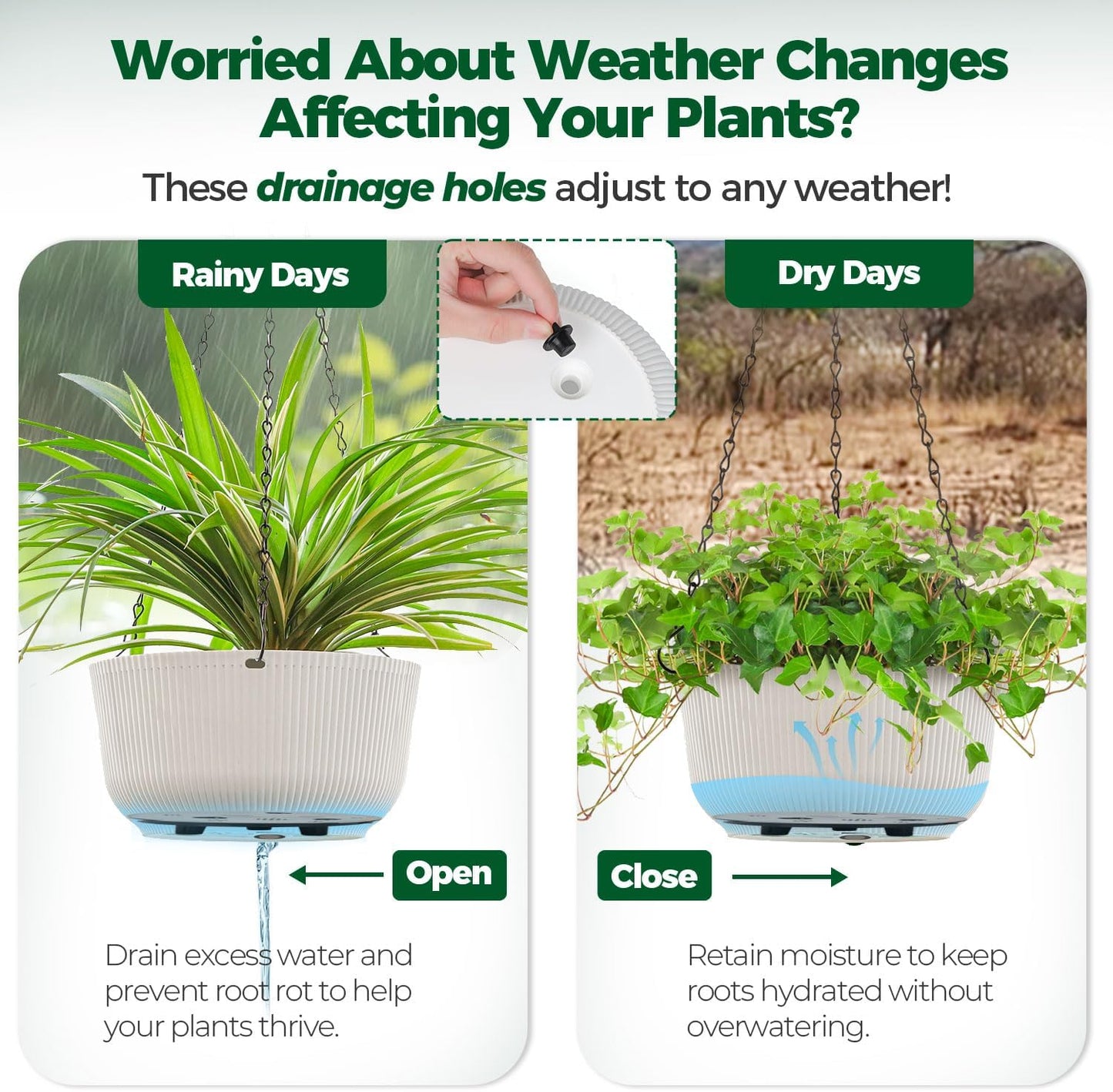 T4U Hanging Planter Self Watering 8 Inch, 2 Pack White Indoor Outdoor Hanging Plant pots, Hanging Flower Pot with Drainage Hole & Plug & Chain with 3 Hooks for Garden Home Decor