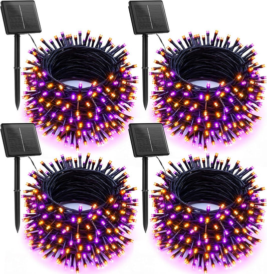 Brightown 4 Pack Solar Halloween String Lights, Total 184FT 480 LED Solar Lights Outdoor Waterproof Black Wire with 8 Modes, Solar Fairy Light for Garden Yard Patio Party Decors, Orange and Purple
