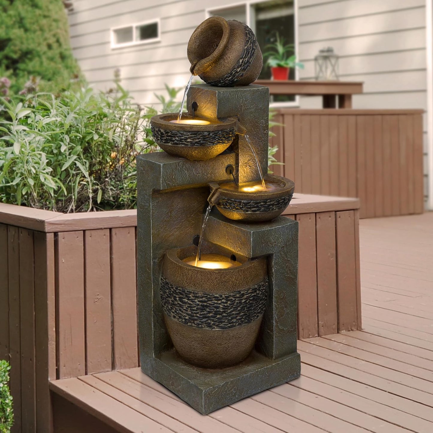 Alpine Corporation TVH244 39" Outdoor 4-Tier Cascading Pots Water Fountain with LED Lights – Freestanding Garden Water Feature for Patios, Yards, and Landscaping, Gray