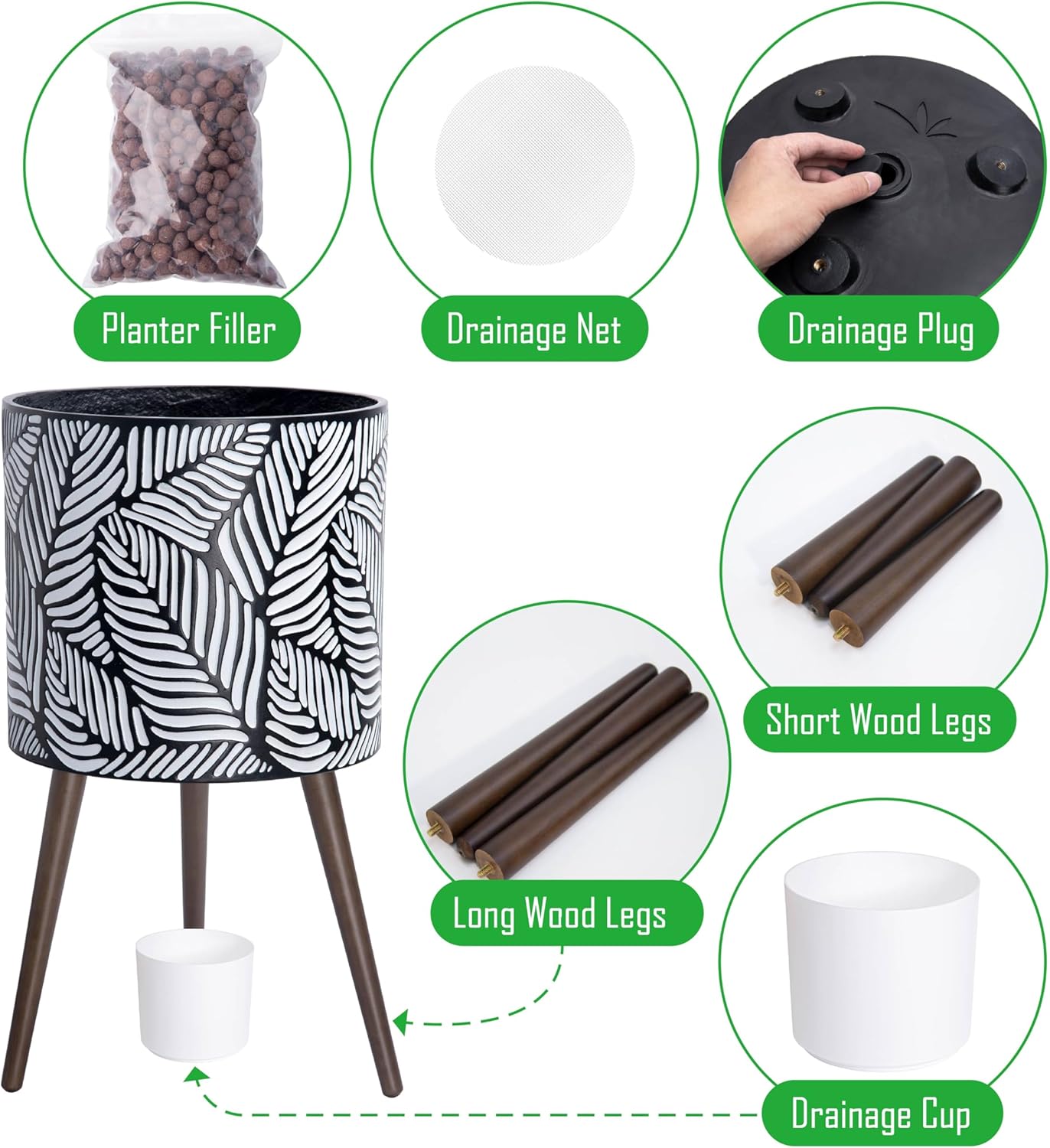 D'vine Dev 16 Inch Planter Pot with Stand, Mid-Century Tall Plant Pot with Legs for Indoor Plants, XX-Large, White/Grey, 88-L-E-7