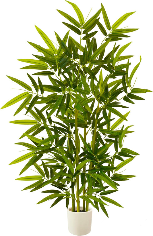 Artificial Bamboo Tree, 4ft Tall Faux Bamboo Plant with White Planter, Fake Trees with 4 Trunks and Lifelike Leaves for Indoor Outdoor Home Office Décor