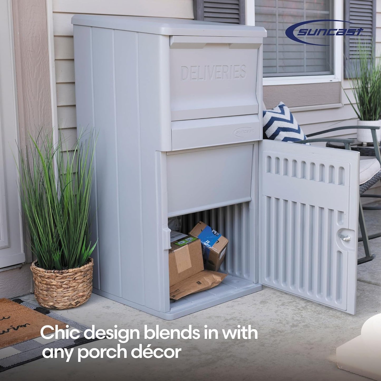 Suncast 33.5-Gallon Capacity Package Delivery Box, Parcel Drop Box with Lock, Weather Resistant Outdoor Storage Solution for Secure Package Deliveries, Made in USA