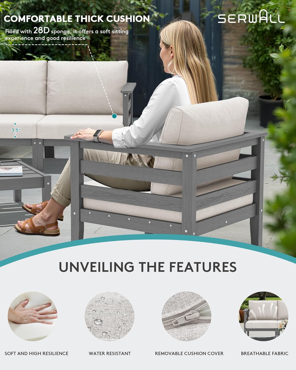 SERWALL HDPE Patio Furniture Set, 8 Pieces Composite Outdoor Furniture, All-Weather Wood-Like Outdoor Sofa Couch with Coffee Table for Deck, Lawn, Grey Frame with Khaki Cushion