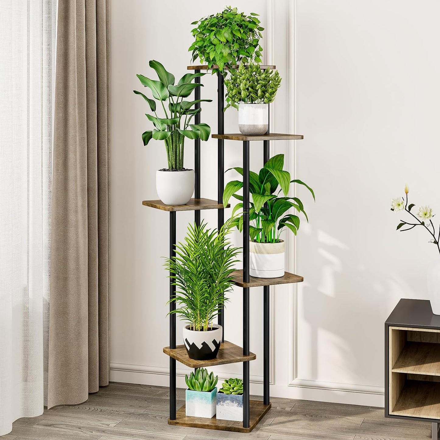 AZERPIAN Plant Stand 6 Tier Indoor Metal Flower Shelf for Multiple Plants Corner Tall Flower Holders for Patio Garden Living Room Balcony Bedroom, Black