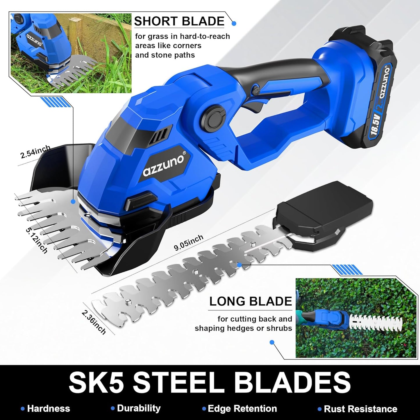 AZZUNO Cordless Hedge Trimmer, 2-in-1 Electric Grass Shears Shrubbery Trimmer with 2Ah Battery，Handheld Grass Cutter Shrub Trimmer for Gardens, Yards, Lawns, Including Charger(2 Batteries)