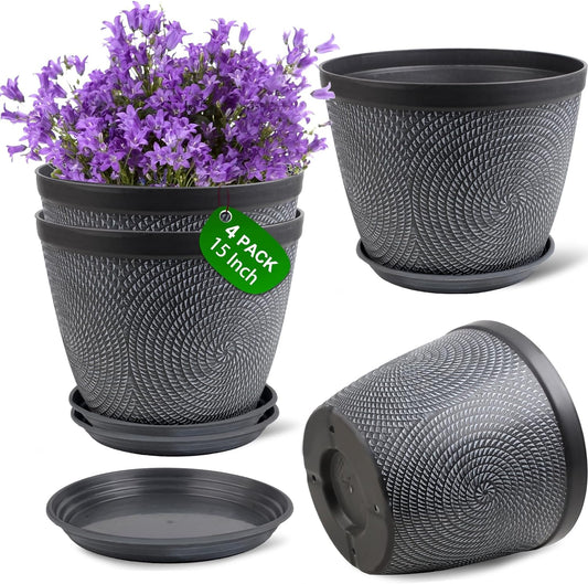 Quarut 4 Pack 15 Inch Large Planter Pot for Plants Outdoor Indoor, Plastic Flower Pots with Drainage Hole & Saucer, Modern Decorative Medium Large Plant Garden Pot, Plant Container for House (Gray)